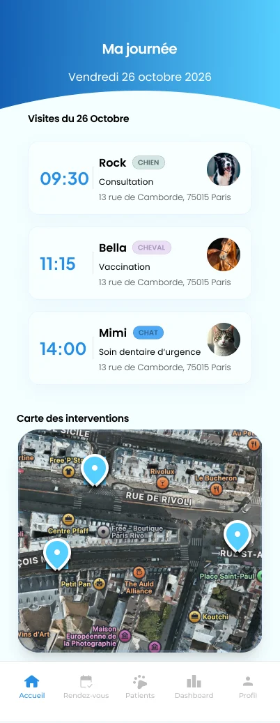 Application Animadoc : écran Ma journée côté professionnel