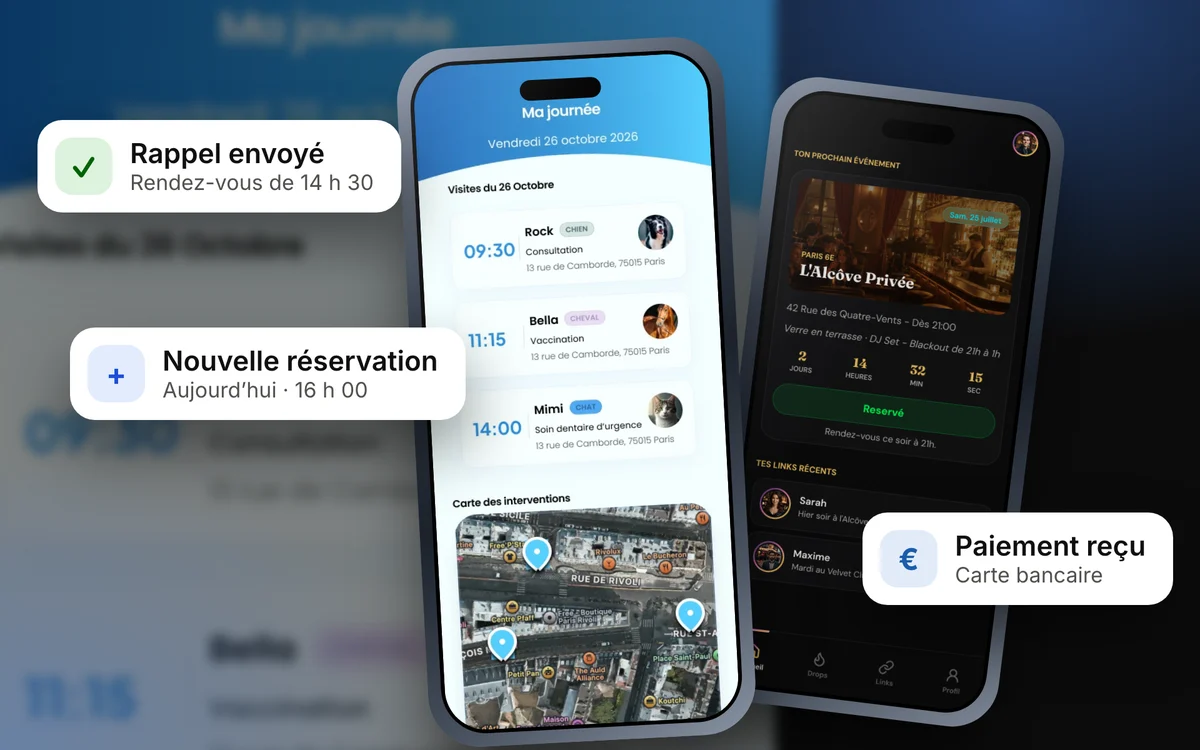 Exemple d'application mobile : écrans de l'app et notifications de réservation, rappel et paiement