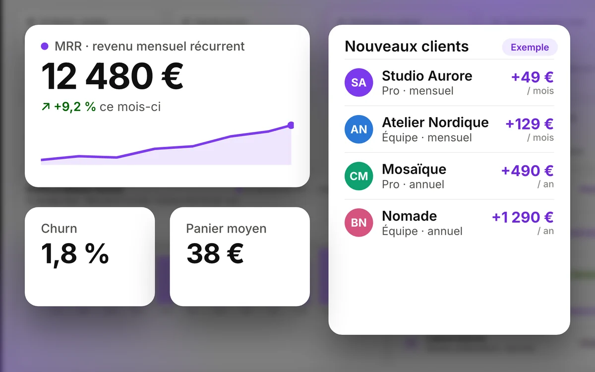 Exemple de SaaS : MRR, nouveaux clients avec leur abonnement, churn et panier moyen (données fictives)