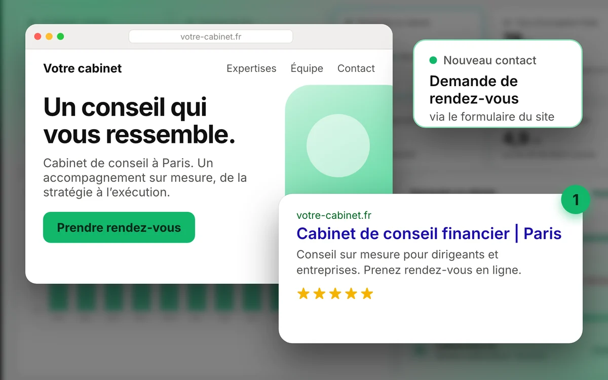 Exemple de site web : page d'accueil, résultat de recherche en première position et demande de rendez-vous reçue