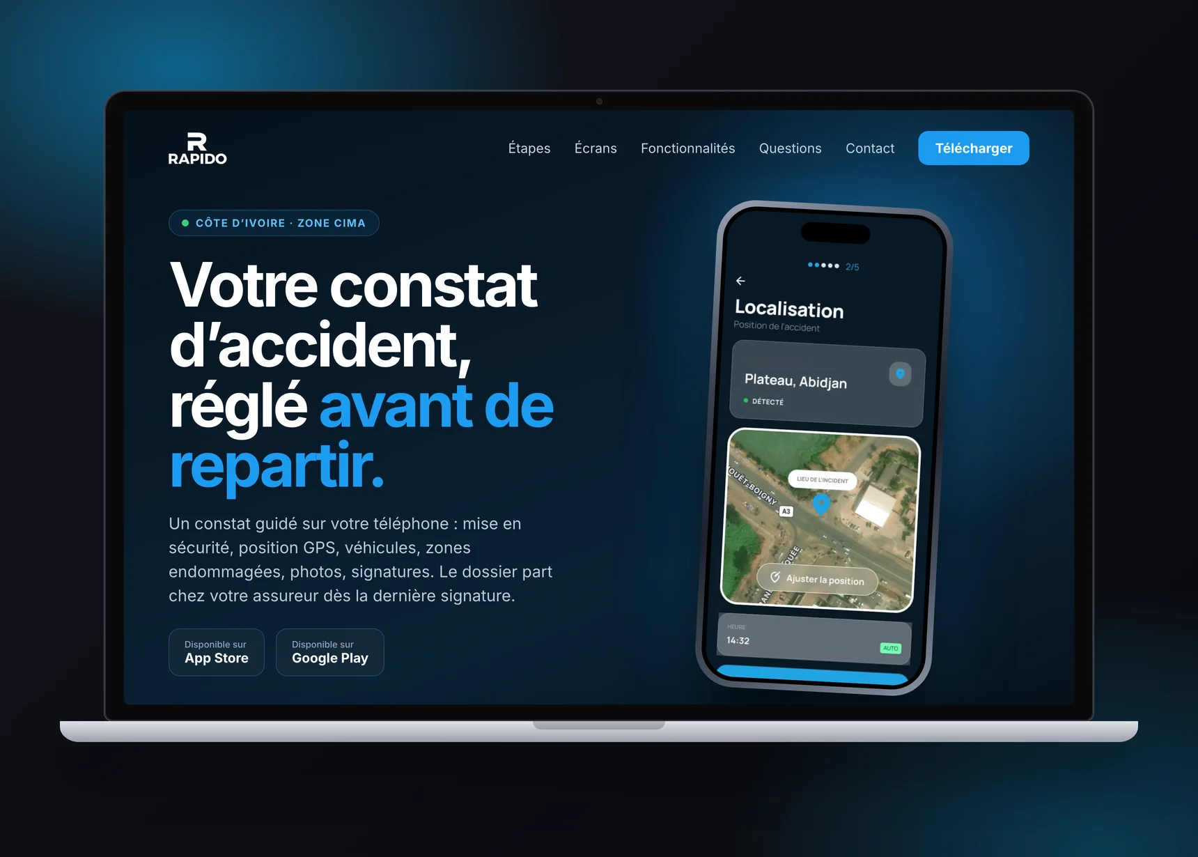 Page de présentation de l'application Rapido sur un ordinateur portable